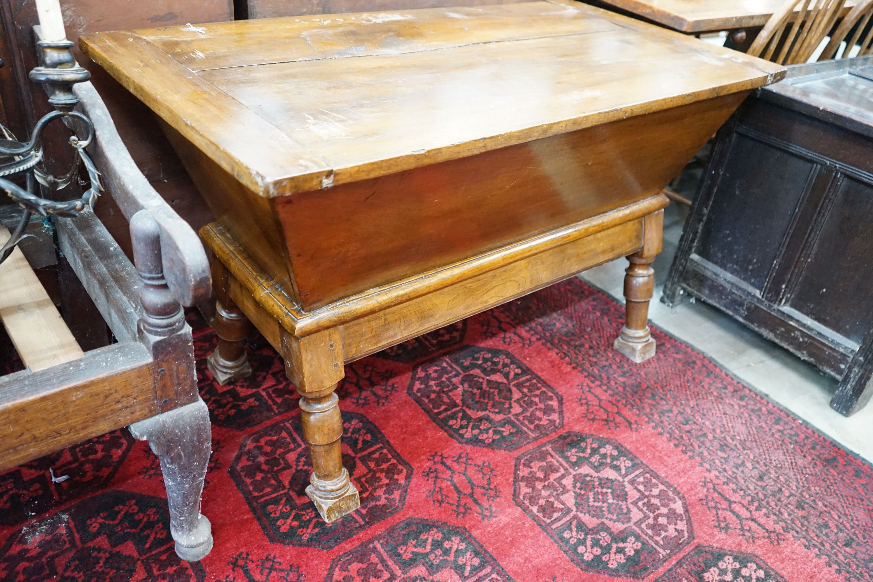 A 19th century rectangular walnut dough bin with zinc lined interior, width 121cm, depth 63cm, height 71cm